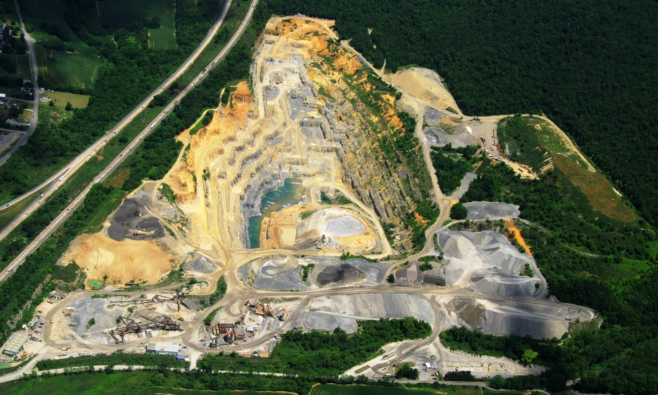 Aggregate quarry and construction material stockpiles